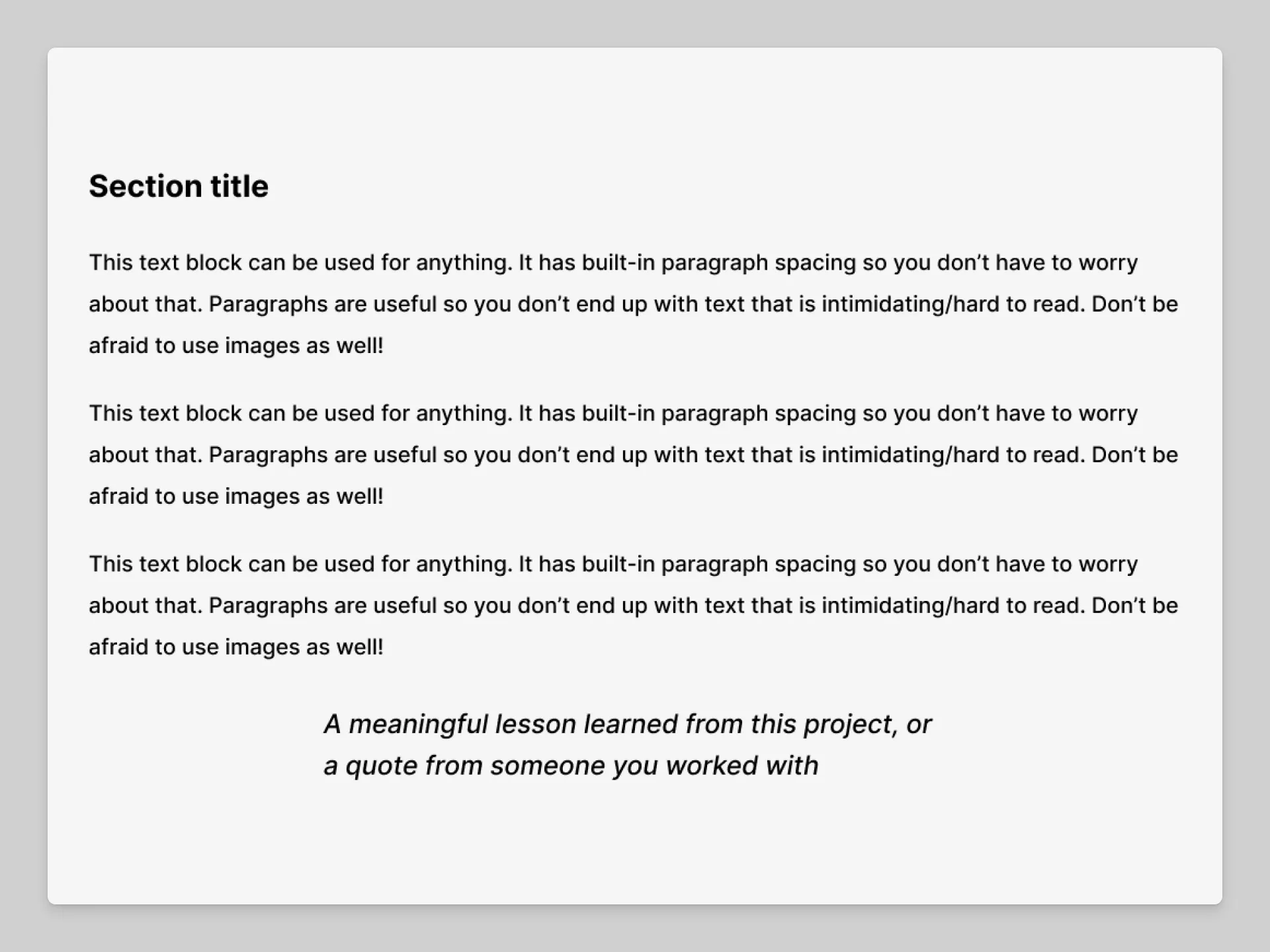 In this lesson, we're building the section title, paragraph text, and quote block